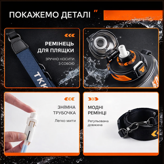 Спортивна пляшка для води TKK Sport 1600 мл з Тритану (BPA Free), чорна квадратна пляшка з трубочкою та ремінцем | Зображення 2