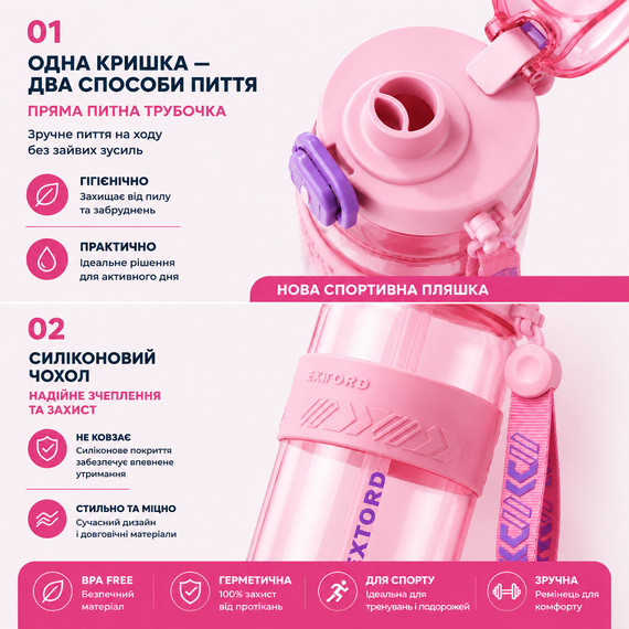 Спортивная бутылка для воды EXTRORD 850 мл Розовая: Герметичная бутылка для фитнеса, зала и бега (BPA Free) | Зображення 2