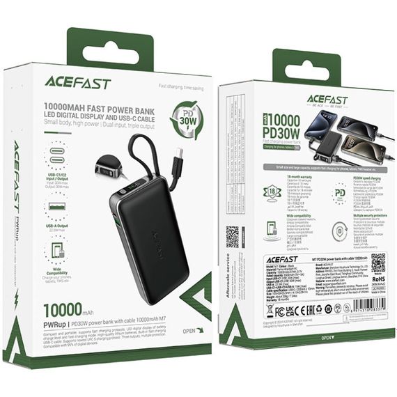 УМБ Acefast 10000mAh 30W PD USB-C witch cable, USB-A, Li-Pol, M7 Black | Зображення 1