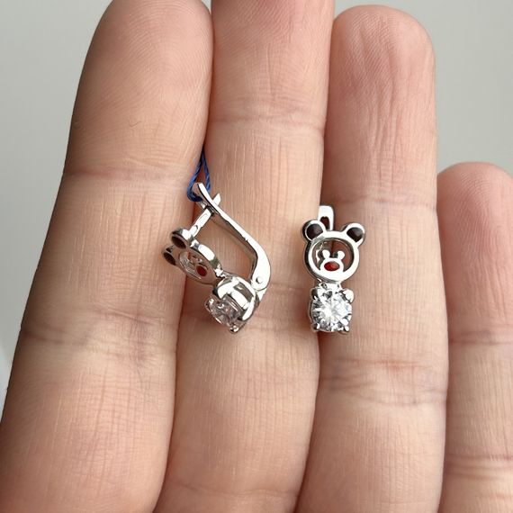 Срібні родовані дитячі сережки Ведмедики з кольоровою емаллю і фіанітами | Зображення 1