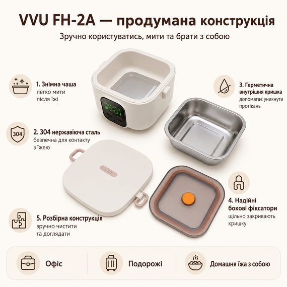 Электрический ланч-бокс VVU FH-2A (800 мл) с подогревом еды и встроенным аккумулятором 14000 mAh | Зображення 2