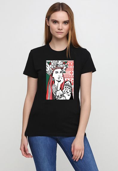 Футболка жіноча чорна з принтом "Українська дівчина", 2XL