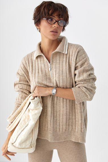 В'язана кофта-поло в широкий рубчик - бежевий цвет, ONE SIZE (є розміри) | Зображення 4