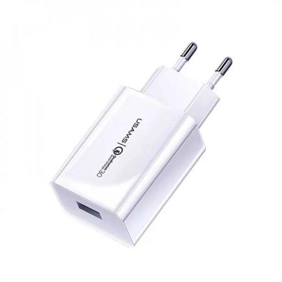 МЗП Usams T48 Travel Charger Kit 18W (T22 Single USB QC3.0 Charger EU+Uturn Type-C Cable 1M) White | Зображення 1