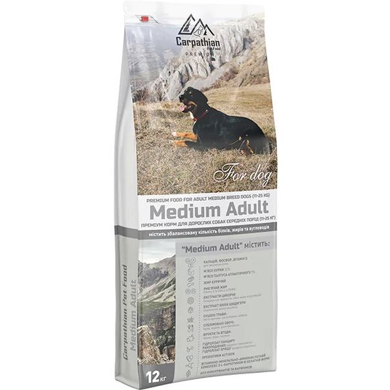 Carpathian Medium Adult Для дорослих собак середніх порід.З куркою 32% та палтусом 7%. 12 кг.
