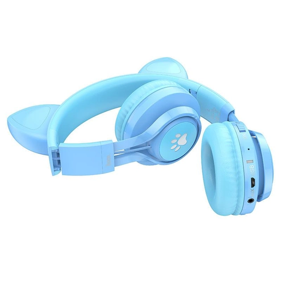 Бездротові навушники з мікрофоном Hoco W39 |bluetooth 5.3, AUX, 10H, RGB підсвічування| котячі вушка Blue | Зображення 1