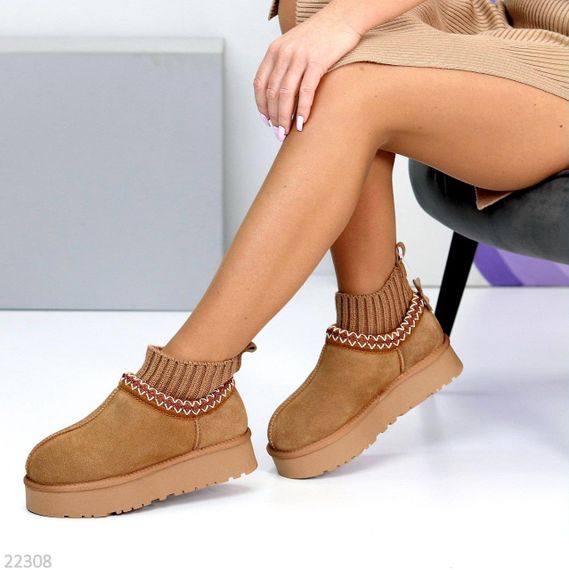 Низкие угги с текстильным манжетом натуральная замша цвет Карамель | Зображення 2