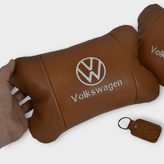 Набор подушек 2шт для автомобиля Volkswagen из натуральной коричневой кожи. Подушки на подголовник | Зображення 1