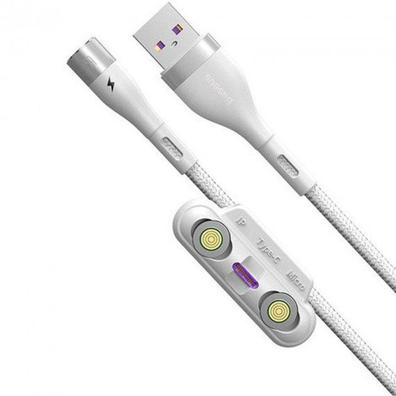 Магнітний кабель 3in1 Baseus Zinc Magnetic Safe Fast Charging Data Cable (iPhone /MicroUSB/Type-C) white | Зображення 1