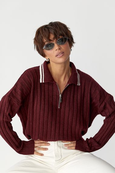 В'язана кофта-поло в широкий рубчик - бордо цвет, ONE SIZE (є розміри) | Зображення 3