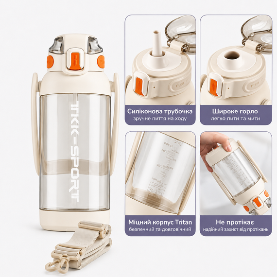 Бутылка TKK 1400 мл - Белая Tritan BPA-free, ударопрочная, спортивная с двойной системой переноски | Зображення 6