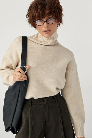 В'язаний однотонний гольф вільного фасону - бежевий цвет, ONE SIZE (є розміри) | Зображення 4