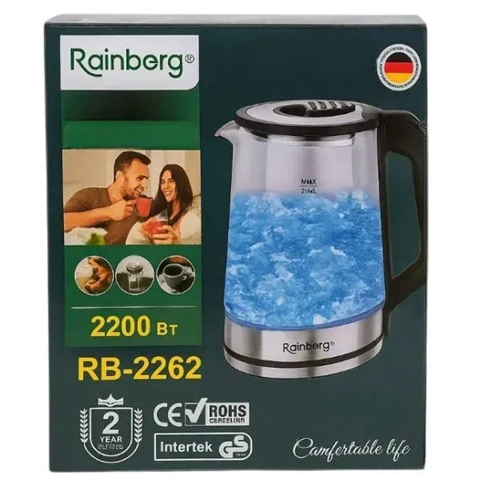 Стеклянный электрочайник Rainberg RB-2262 с LED подсветкой 2 л 2200 Вт Черный | Зображення 3
