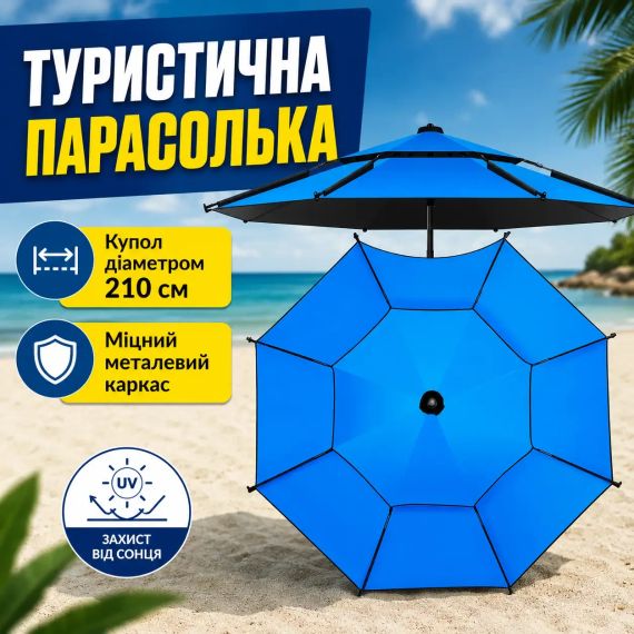 Пляжна Синя  парасолька діаметр 2.1 м із міцним каркасом Риболовна восьмикутна парасолька зі зносостійкого матеріалу з чохлом | Зображення 1