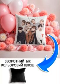Подушка плюшева Мерч Крафт Дизайн з принтом BTS чорний плюш квадратна 33х33 см