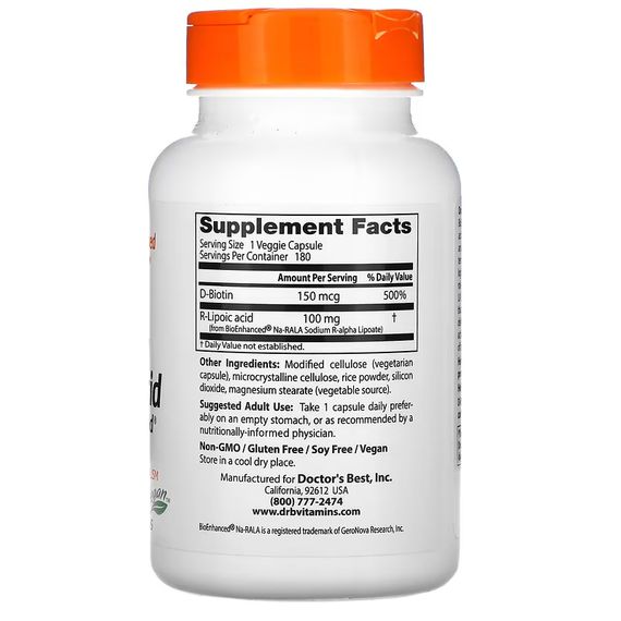 Альфа-ліпоєва кислота Doctor's Best Stabilized R-Lipoic Acid with BioEnhanced Na-RALA 100 mg 180 Caps | Зображення 1