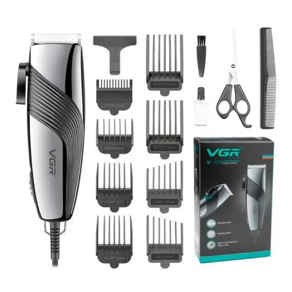 Машинка для стрижки волос и бороды VGR Professional V-121, 8 насадок, ножницы, расческа, от сети 220