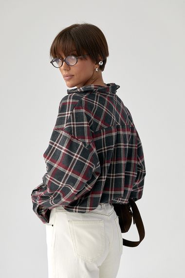 Жіноча сорочка в клітку з подовженою спинкою - темно-сірий цвет, L (є розміри) | Зображення 1