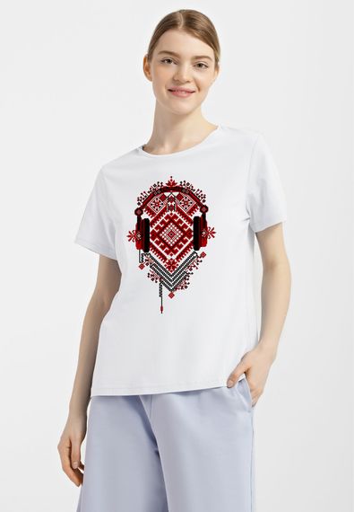 Футболка жіноча біла з принтом "Вишиванка з навушниками", S