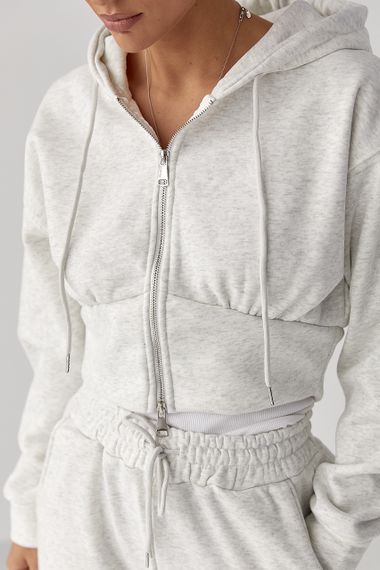 Теплий спортивний костюм з коротким худі та широкими штанами - світло-сірий цвет, M (є розміри) | Зображення 3