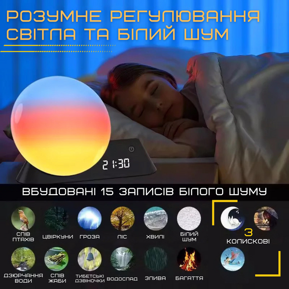 Розумний Смарт Нічник Будильник Wake-Up Light Лампа з Імітацією Світанку та LED Підсвічуванням + Вбудовані Звуки Природи та | Зображення 5