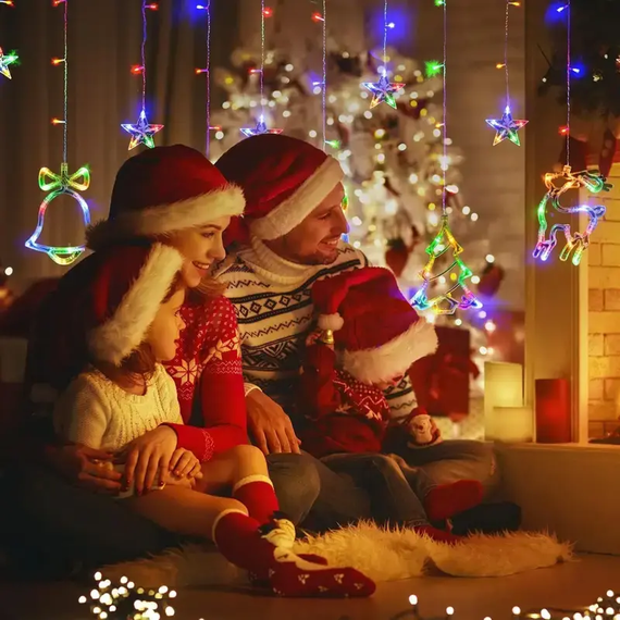 Новорічна світлодіодна гірлянда штора, святкова світлодіодна гірлянда штора мікс LED-завіса з фігурами знижка | Зображення 4