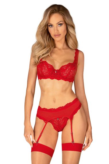 Комплект с поясом для чулок Obsessive Amor Cherris set Красный L/XL
