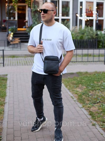 Мужская барсетка через плечо, зерниста шкіра 20х16х6, мессенджер для города, сумка для телефона и документов, черная | Зображення 9