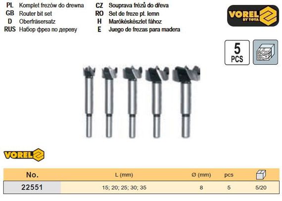 Набір фрез дерево Ø=8мм l=15-35мм 5шт VOREL-22551