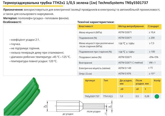 Термоусадочная трубка ТТН2х1 1/0.5 зеленая 1 метр Ny95501737 | Зображення 1