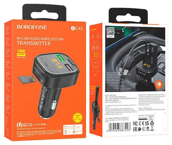 FM трансмиттер модулятор Borofone BC43 Flash QC3.0 Bluetooth Автомобильное зарядное устройство Черный | Зображення 7