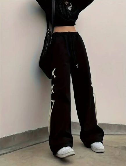 Женские свободные штаны палаццо со шнуровкой по бокам HI2726 цвет черный, размер onesize 42/46 | Зображення 7