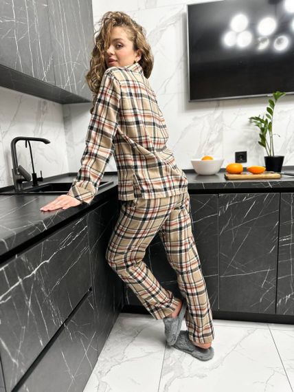 Фланелева бежева піжамка на ґудзиках в клітинку | Зображення 8