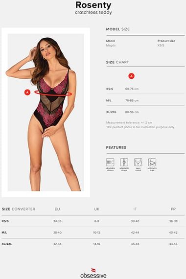 Боди Obsessive Rosenty crotchless Черно-малиновое XS/S | Зображення 6
