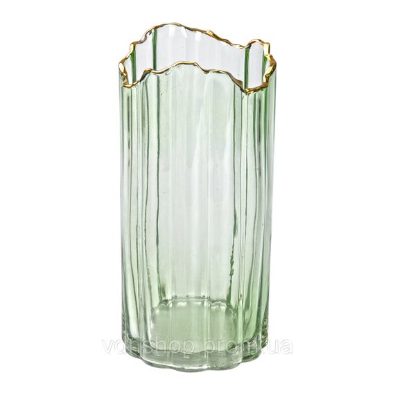Декоративная ваза из зеленого стекла с золотым ободком 24,5 см HP-1715 | Зображення 1