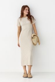 Сукня в рубчик з короткими рукавами - бежевий цвет, ONE SIZE (є розміри)