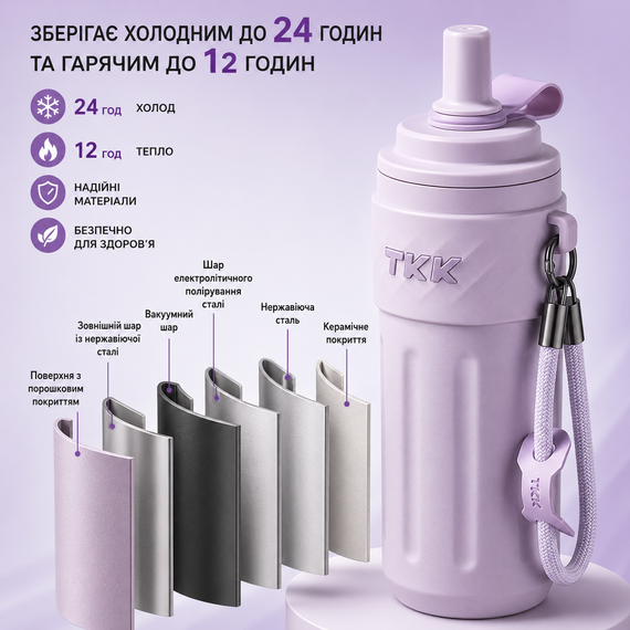 Термос TKK 500 мл - Фиолетовый, с силиконовой насадкой-соской, вакуумная изоляция для активного образа жизни | Зображення 4