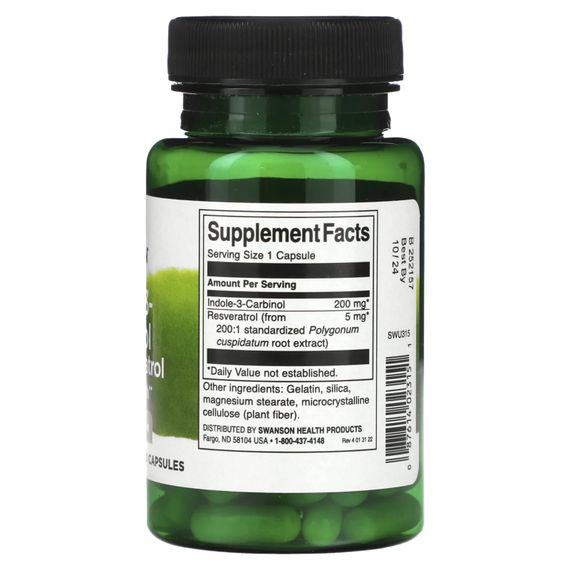 Індол-3-карбінол з ресвератролом Swanson Indole-3-Carbinol with Resveratrol 200 mg/5 mg, 60 капсул | Зображення 1