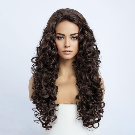 Перука жіноча довга кучерява термостійка 60 см каштанова, коричнева, синтетичне волосся для косплею, свят, Геловіну