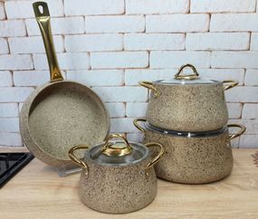 Набор посуды кастрюль премиум класса O.M.S. Collection 3041 с гранитно-мраморным покрытием Песочный (Турция)
