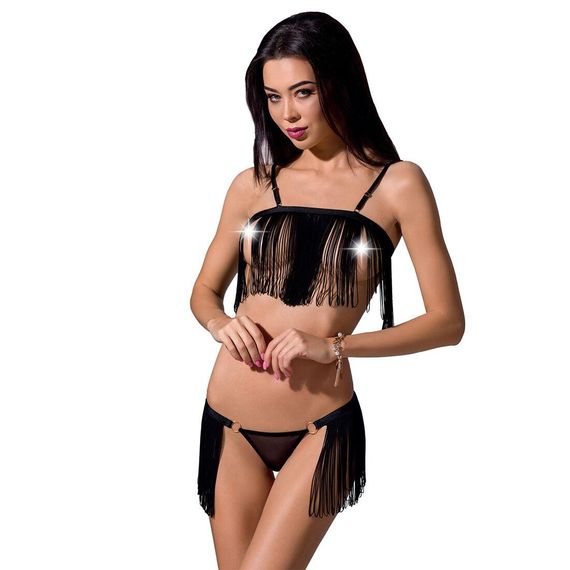 Комплект білизни KASSANDRA SET OpenBra black L/XL - Passion Exclusive: ліф з бахромою, трусики-спідн, L/XL