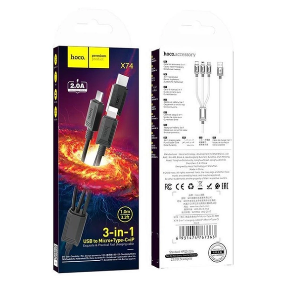Кабель 3в1 Hoco X74 USB Micro/Lightning/Type-C 2A 1m | Зображення 3