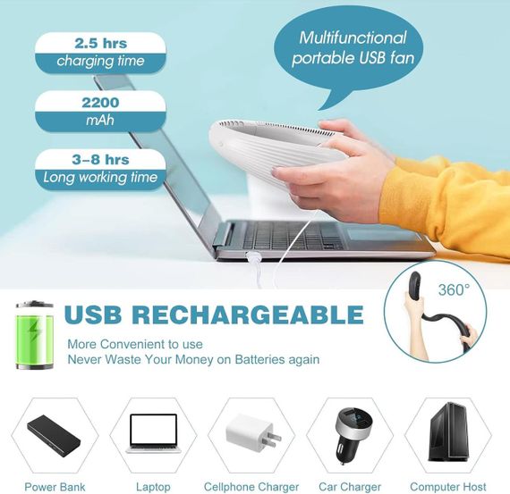Персональний безлопатевий вентилятор для шиї MQUPIN, портативний вентилятор для шиї, 3 швидкості, регульоване | Зображення 2