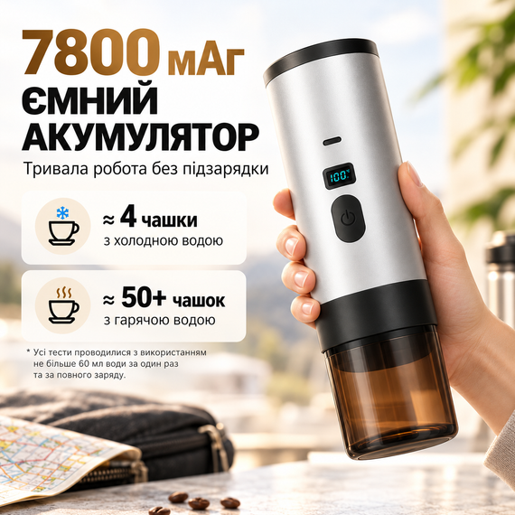 Портативна кавомашина акумуляторна для еспресо з підігрівом води 15 бар 7800 мАг USB Type-C з дисплеєм срібляста | Зображення 3