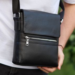 Кожаная мужская сумка-месенджер через плечо черная Tiding Bag 56230