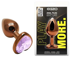 Анальная пробка анатомическая металлическая EGZO Dark Gold Heart Plug S с аметистовым кристаллом Sex Aura