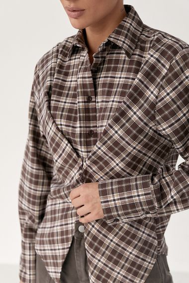 Сорочка в клітинку з акцентом на талію - коричневий цвет, M (є розміри) | Зображення 3