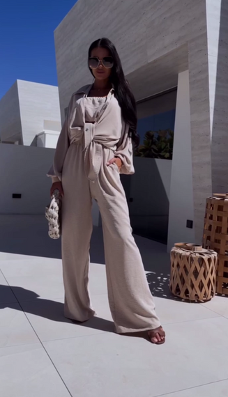 Женский летний костюм тройка брюки палаццо + рубашка + топ-бандо LY25030 цвет бежевый, размер 42/44