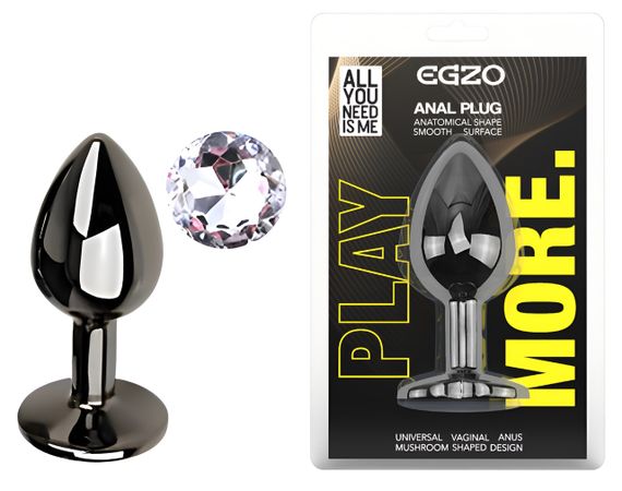 Анальна пробка з кристалом EGZO - Dark Gray Round Plug Clear, size S Sex Aura