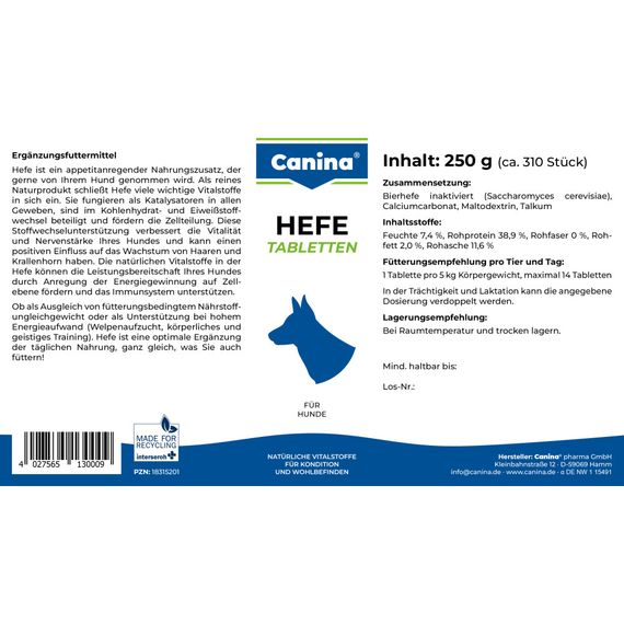 Витамины Canina Hefe для собак, дрожжевые таблетки с энзимами, 250 г (310 табл) | Зображення 2
